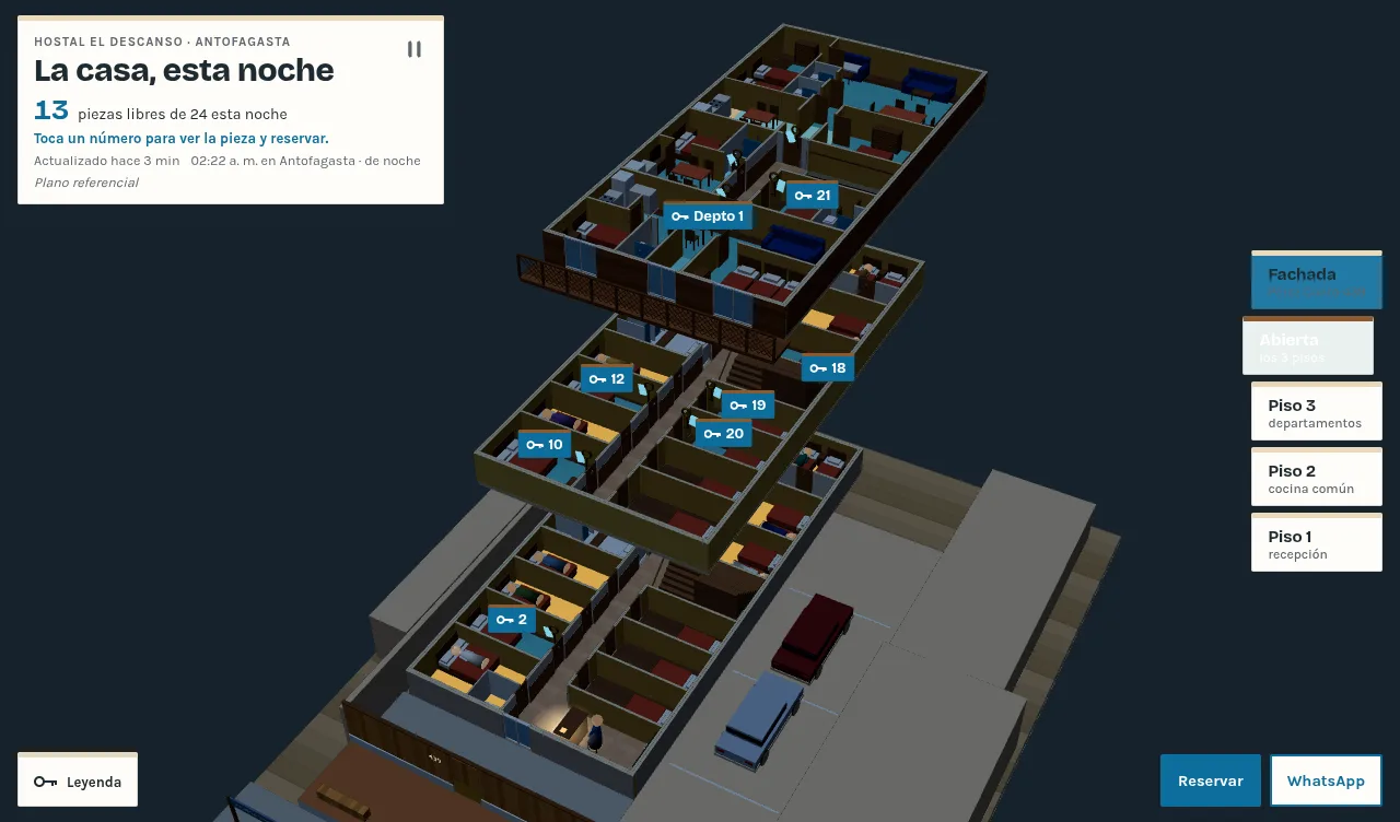 Hostal El Descanso: la casa en 3D con las piezas libres de esa noche, captura real del sitio