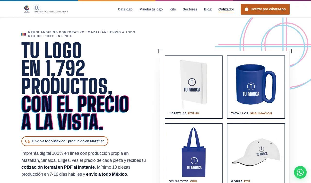 IDC Mazatlán: catálogo de merchandising con precio a la vista y cotización en PDF, captura real del sitio