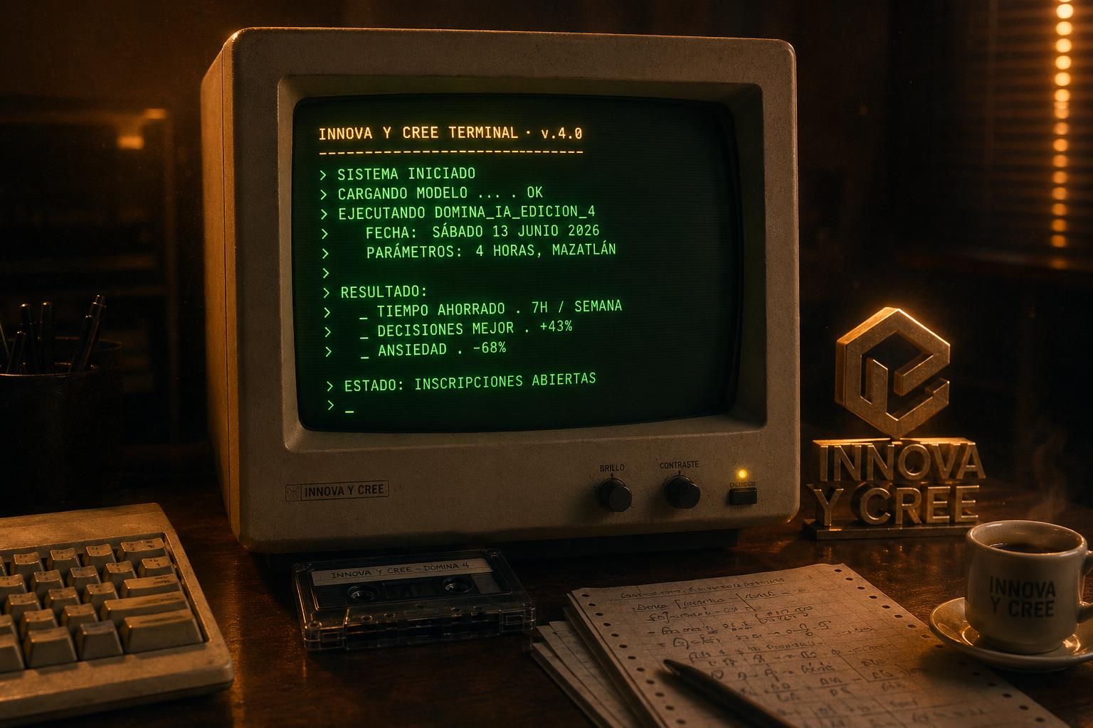 Domina IA Ed. 4 — Terminal CRT vintage con datos del curso: sábado 13 de junio, Mazatlán, 4 horas, inscripciones abiertas