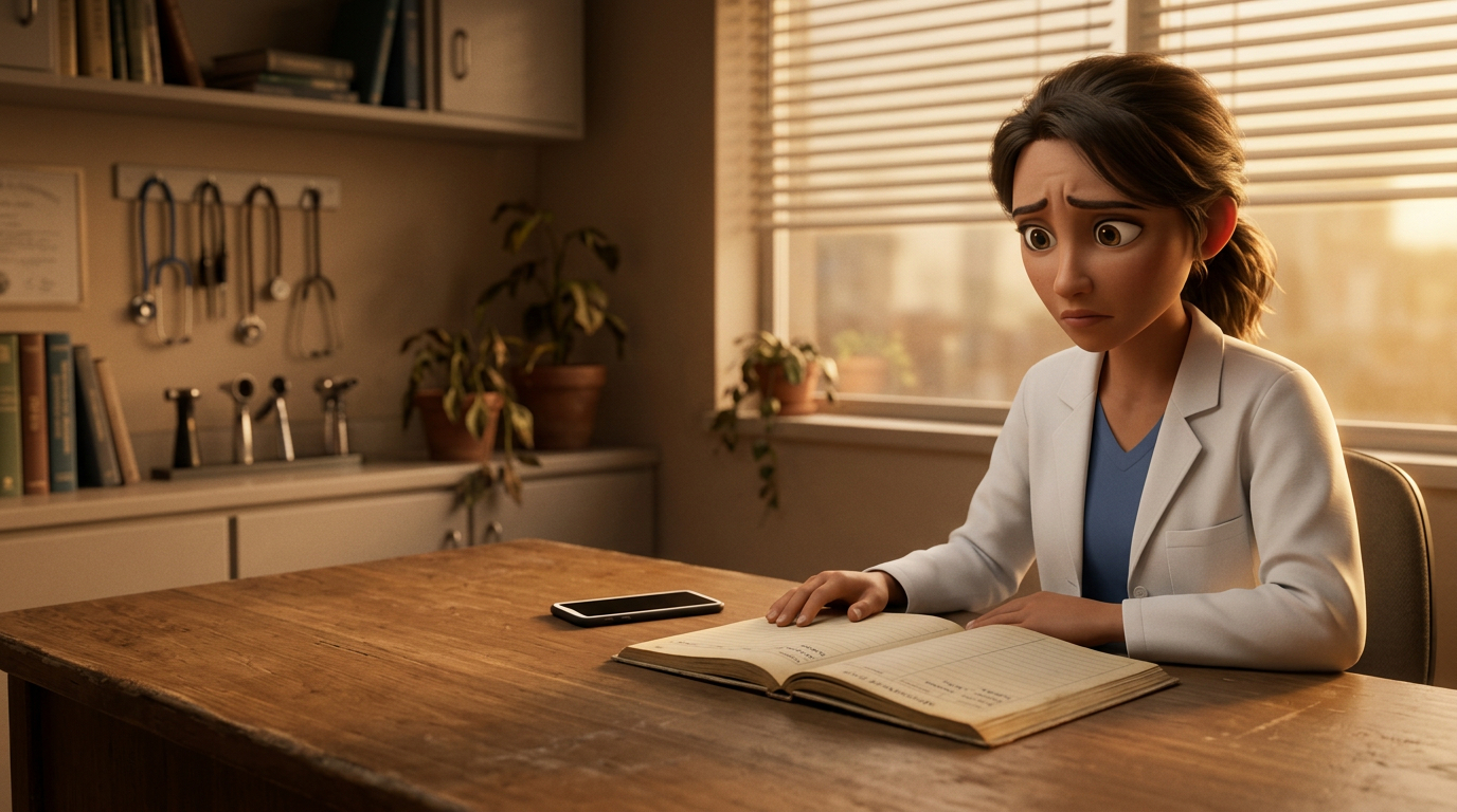 Doctora frustrada con agenda de papel vacía y celular sin notificaciones