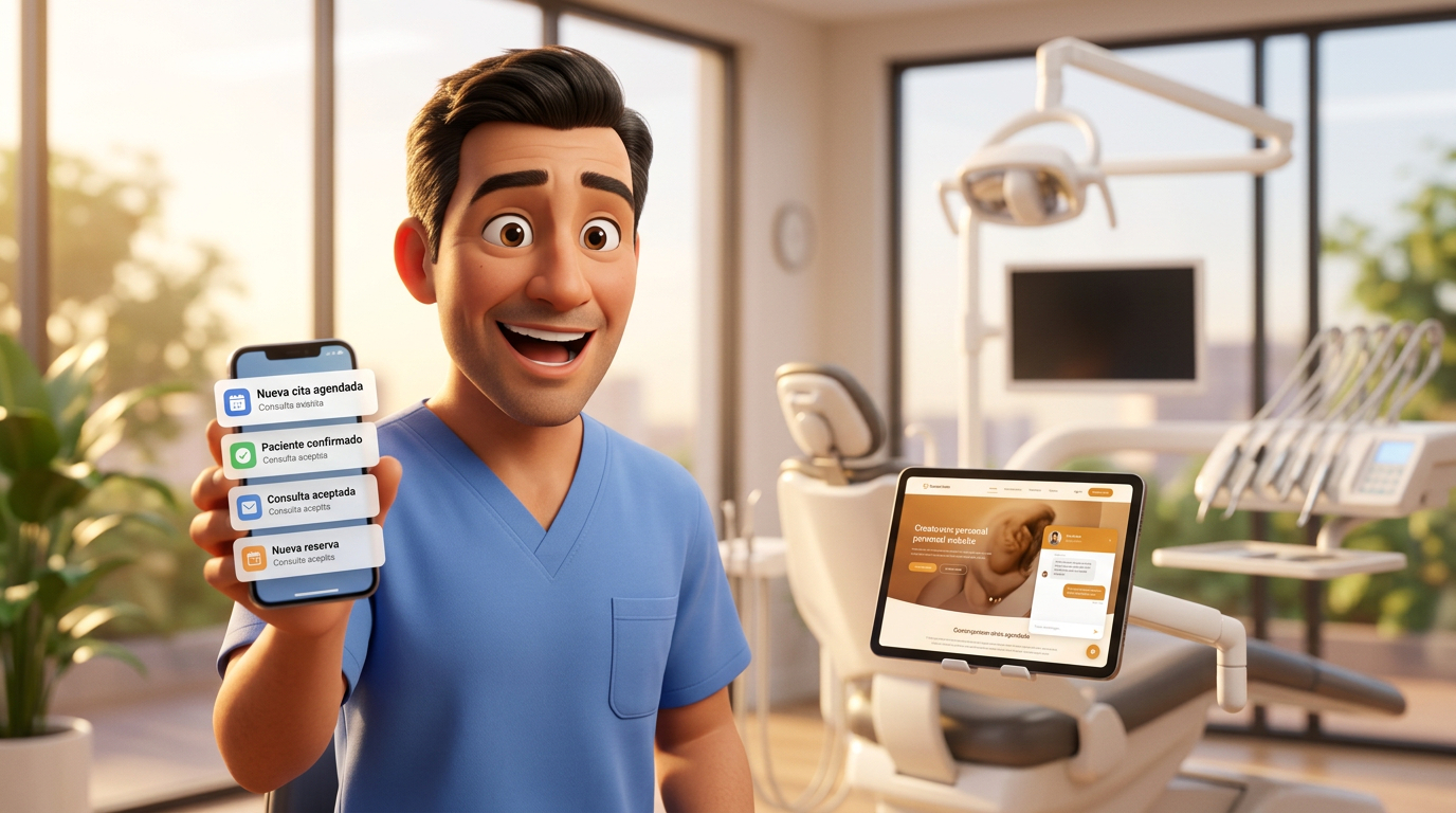 Dentista feliz recibiendo notificaciones de citas agendadas automáticamente